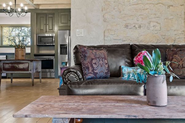 Chandelier, Interior, Kitchen, Stainless Steel Appliances, Stone Walls, Wood Texture Flooring