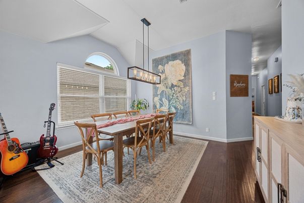 Dining room, Fitness Equipment, Interior, Pendant Lights, Wood Texture Flooring