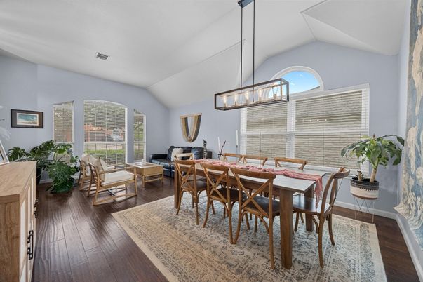 Dining room, Interior, Living room, Pendant Lights, Wood Texture Flooring