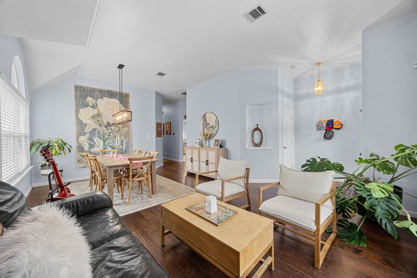 Dining room, Interior, Living room, Pendant Lights, Wood Texture Flooring