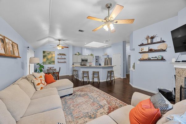 Dining room, Interior, Kitchen, Living room, Recessed Lighting, Stainless Steel Appliances, Wood Texture Flooring