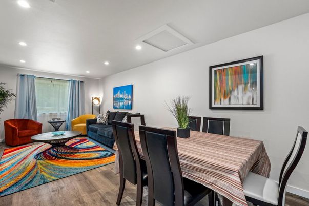 Dining room, Interior, Living room, Recessed Lighting, Wood Texture Flooring