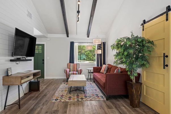 Interior, Living room, Pendant Lights, Wooden Beams, Wood Texture Flooring