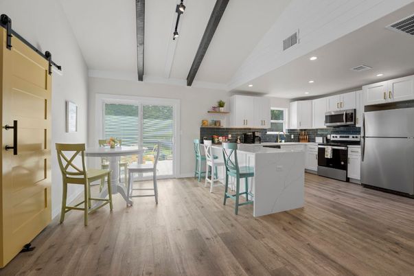Dining room, Interior, Kitchen, Recessed Lighting, Stainless Steel Appliances, Wooden Beams, Wood Texture Flooring