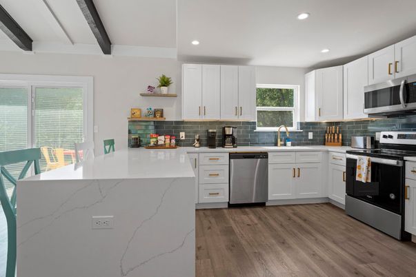 Interior, Kitchen, Recessed Lighting, Stainless Steel Appliances, Wooden Beams, Wood Texture Flooring