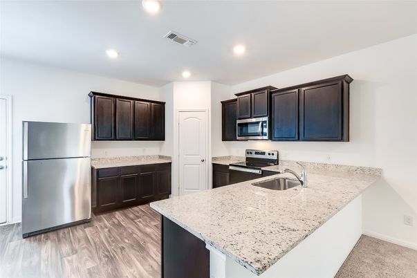Interior, Kitchen, Recessed Lighting, Stainless Steel Appliances, Wood Texture Flooring