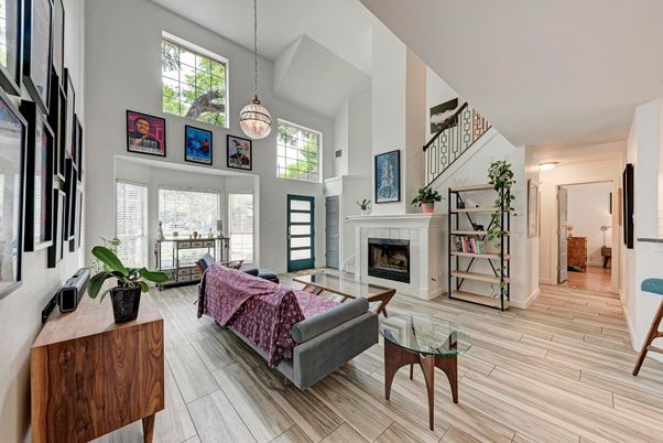 Fireplace, Interior, Living room, Pendant Lights, Wood Texture Flooring