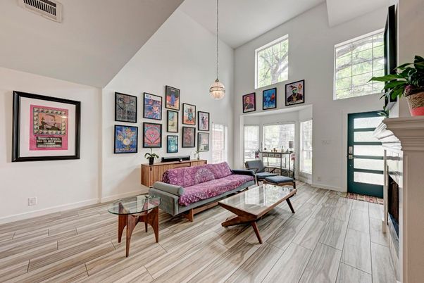 Fireplace, Interior, Living room, Pendant Lights, Wood Texture Flooring
