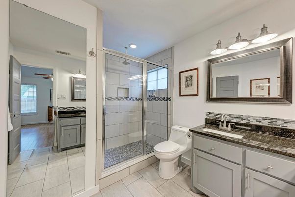 Bathroom, Glass Shower, Interior, Recessed Lighting, Wood Texture Flooring