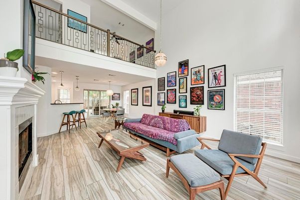 Dining room, Fireplace, Interior, Living room, Pendant Lights, Piano, Wood Texture Flooring