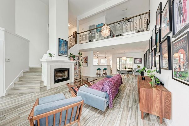 Dining room, Fireplace, Interior, Living room, Pendant Lights, Recessed Lighting, Wood Texture Flooring