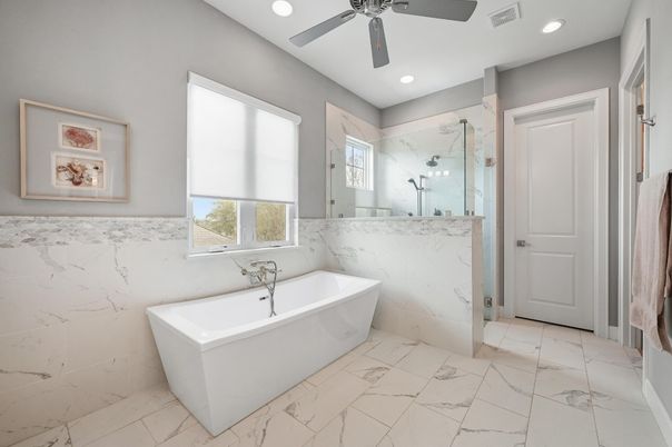 Bathroom, Free Standing Baths, Glass Shower, Interior, Marble, Marble Walls, Recessed Lighting