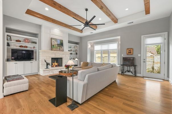 Fireplace, Interior, Living room, Recessed Lighting, Wooden Beams, Wood Texture Flooring