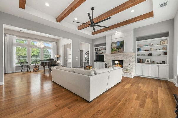 Dining room, Fireplace, Interior, Living room, Piano, Recessed Lighting, Wooden Beams, Wood Texture Flooring
