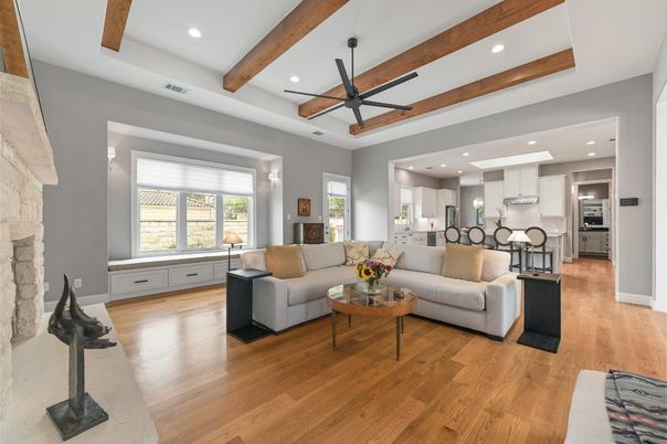 Interior, Kitchen, Living room, Recessed Lighting, Stainless Steel Appliances, Wooden Beams, Wood Texture Flooring