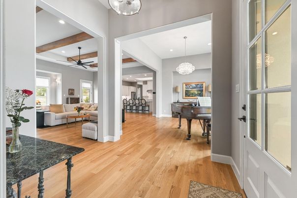 Chandelier, Interior, Living room, Piano, Recessed Lighting, Wooden Beams, Wood Texture Flooring