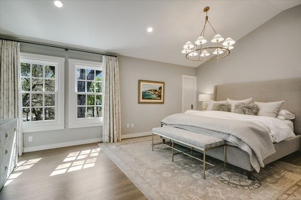Bedroom, Chandelier, Interior, Recessed Lighting, Wood Texture Flooring