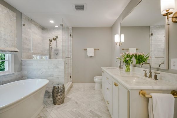 Bathroom, Dual Sink Vanities, Glass Shower, Interior, Recessed Lighting