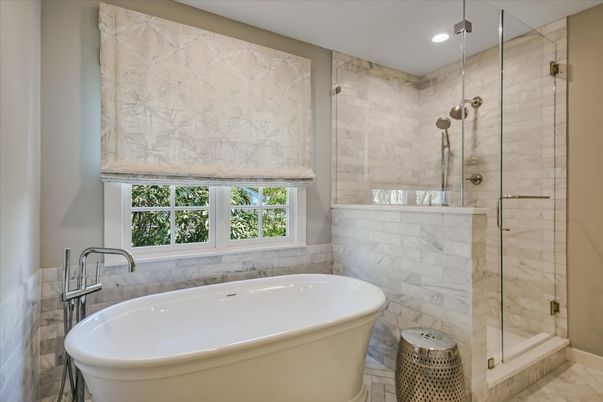 Bathroom, Free Standing Baths, Glass Shower, Interior, Marble Walls, Recessed Lighting