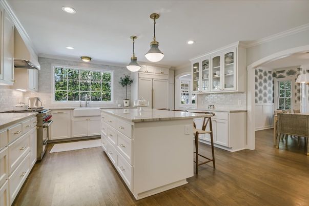 Interior, Kitchen, Pendant Lights, Recessed Lighting, Tile Countertops, Wood Texture Flooring