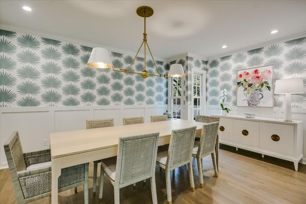 Dining room, Interior, Pendant Lights, Recessed Lighting, Wood Texture Flooring