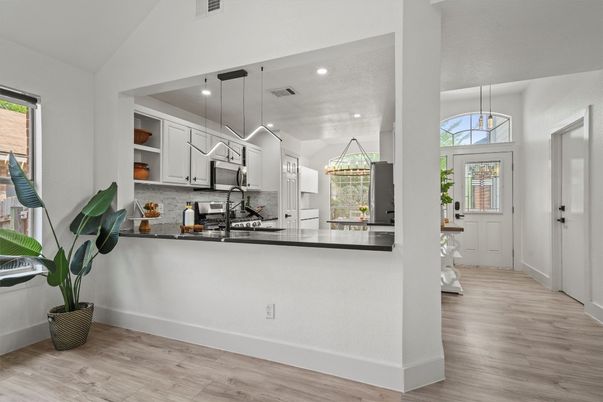 Interior, Kitchen, Pendant Lights, Recessed Lighting, Stainless Steel Appliances, Wood Texture Flooring