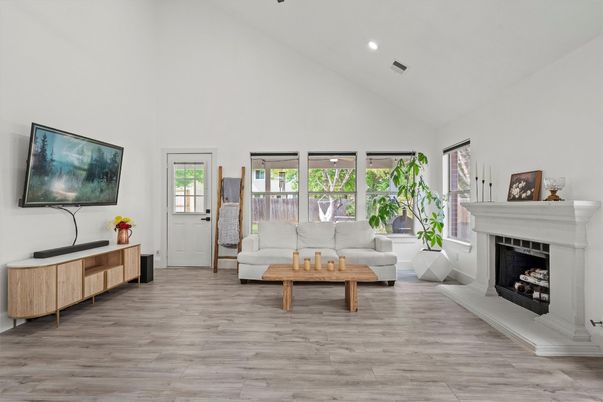 Fireplace, Interior, Living room, Recessed Lighting, Wood Texture Flooring