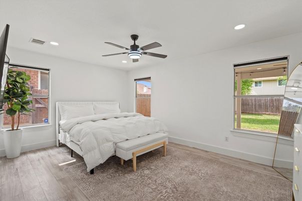 Bedroom, Interior, Recessed Lighting, Wood Texture Flooring