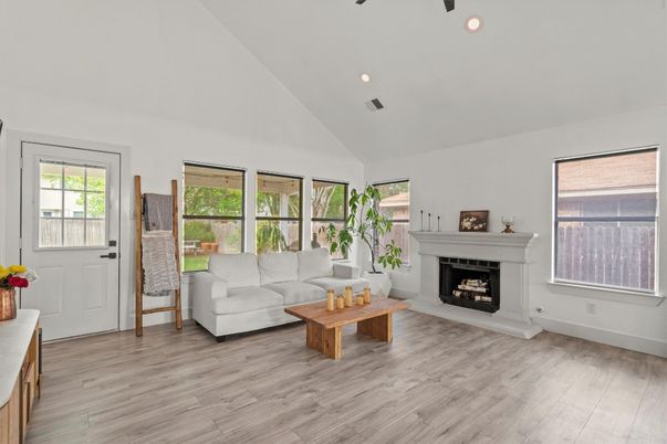 Fireplace, Interior, Living room, Recessed Lighting, Wood Texture Flooring