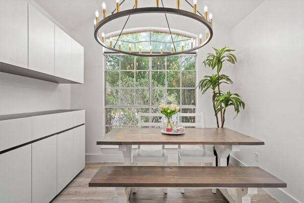 Dining room, Interior, Pendant Lights, Wood Texture Flooring