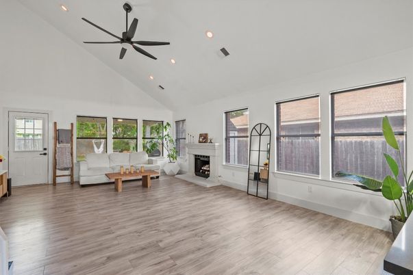 Fireplace, Interior, Living room, Recessed Lighting, Wood Texture Flooring