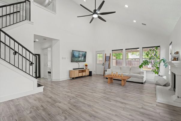Fireplace, Interior, Living room, Recessed Lighting, Wood Texture Flooring
