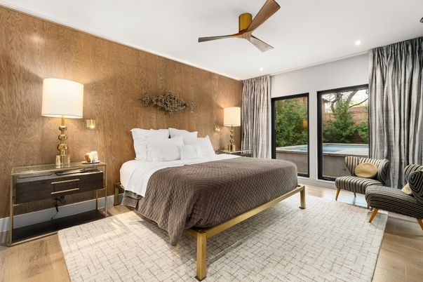 Bedroom, Interior, Recessed Lighting, Wood Texture Flooring
