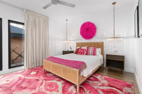 Bedroom, Interior, Pendant Lights, Wood Texture Flooring
