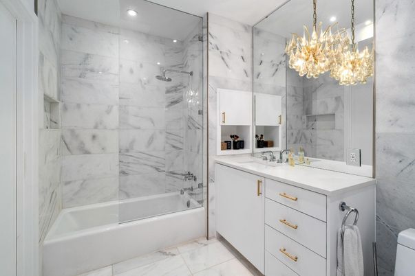Bathroom, Dual Sink Vanities, Interior, Marble, Marble Walls, Recessed Lighting