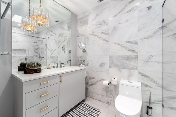 Bathroom, Chandelier, Glass Shower, Interior, Marble Walls