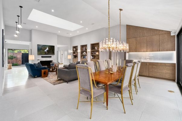 Dining room, Fireplace, Interior, Living room, Pendant Lights, Recessed Lighting