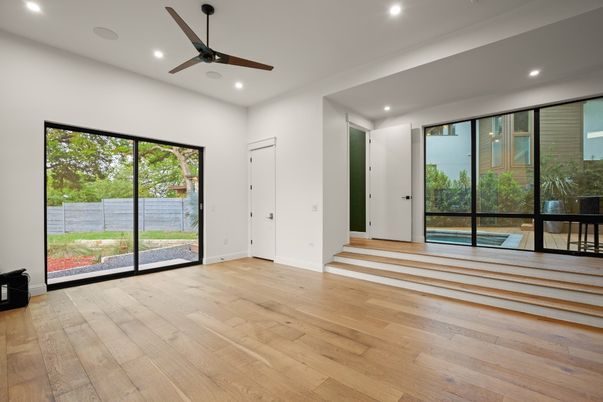 Empty room, Interior, Recessed Lighting, Wood Texture Flooring