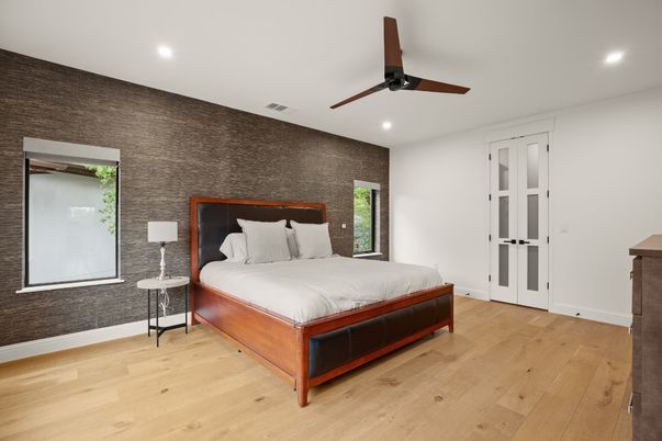 Bedroom, Interior, Recessed Lighting, Wood Texture Flooring