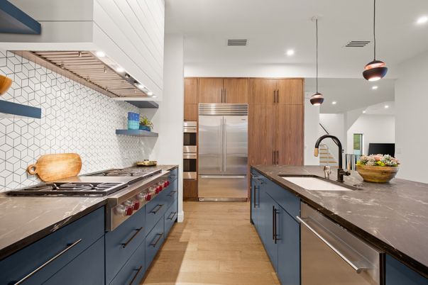 Interior, Kitchen, Pendant Lights, Recessed Lighting, Stainless Steel Appliances, Wood Texture Flooring