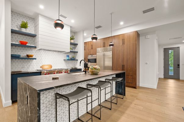 Interior, Kitchen, Pendant Lights, Recessed Lighting, Stainless Steel Appliances, Wood Texture Flooring