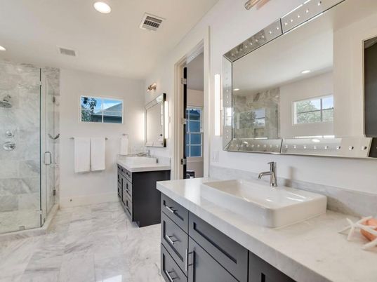 Bathroom, Dual Sink Vanities, Glass Shower, Interior, Marble, Marble Walls, Recessed Lighting