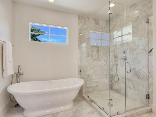 Bathroom, Free Standing Baths, Glass Shower, Interior, Marble, Marble Walls, Recessed Lighting