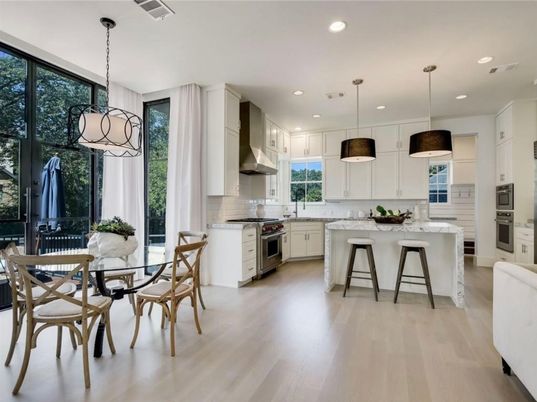 Dining room, Interior, Kitchen, Pendant Lights, Recessed Lighting, Stainless Steel Appliances, Wood Texture Flooring