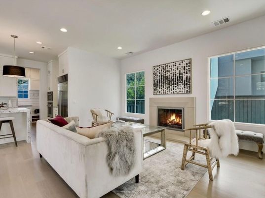 Fireplace, Interior, Kitchen, Living room, Pendant Lights, Recessed Lighting, Wood Texture Flooring