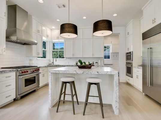 Interior, Kitchen, Pendant Lights, Recessed Lighting, Stainless Steel Appliances, Wood Texture Flooring