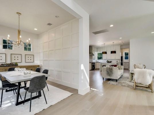 Chandelier, Dining room, Interior, Kitchen, Living room, Pendant Lights, Recessed Lighting, Wood Texture Flooring