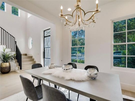 Chandelier, Dining room, Interior, Wood Texture Flooring