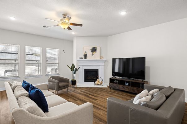 Fireplace, Interior, Living room, Recessed Lighting, Wood Texture Flooring