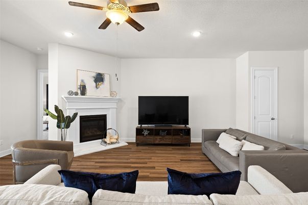Fireplace, Interior, Living room, Recessed Lighting, Wood Texture Flooring